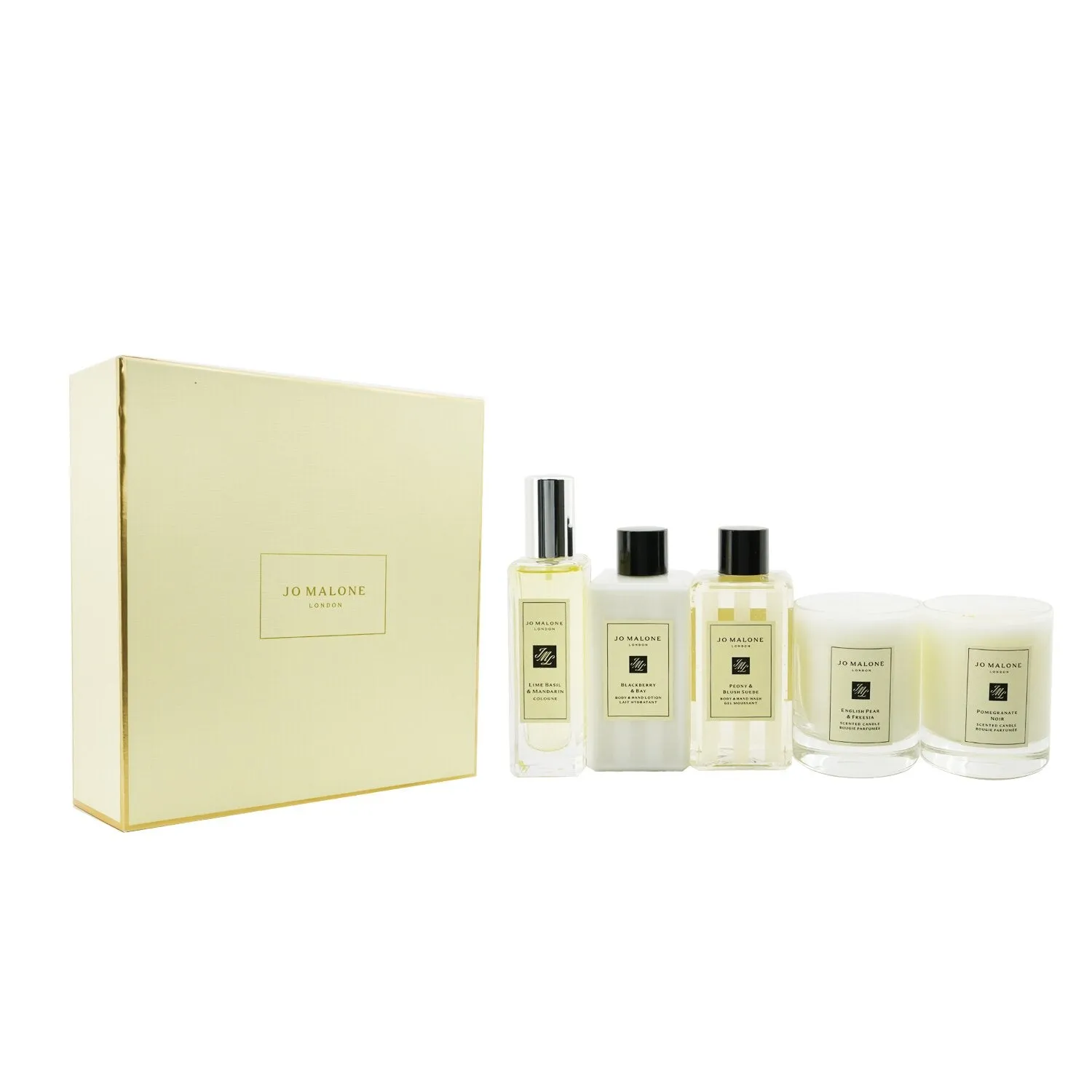 Jo Malone House Of Jo Malone Coffret: Lime Basil & Mandarin Cologne Spray   Peony & Blush Suede Body & Hand Wash   Blackberry Bay Body & Hand Lotion   English Pear & Freesia Scented Candle   Pomegranate Noir Scented Candle  5pcs